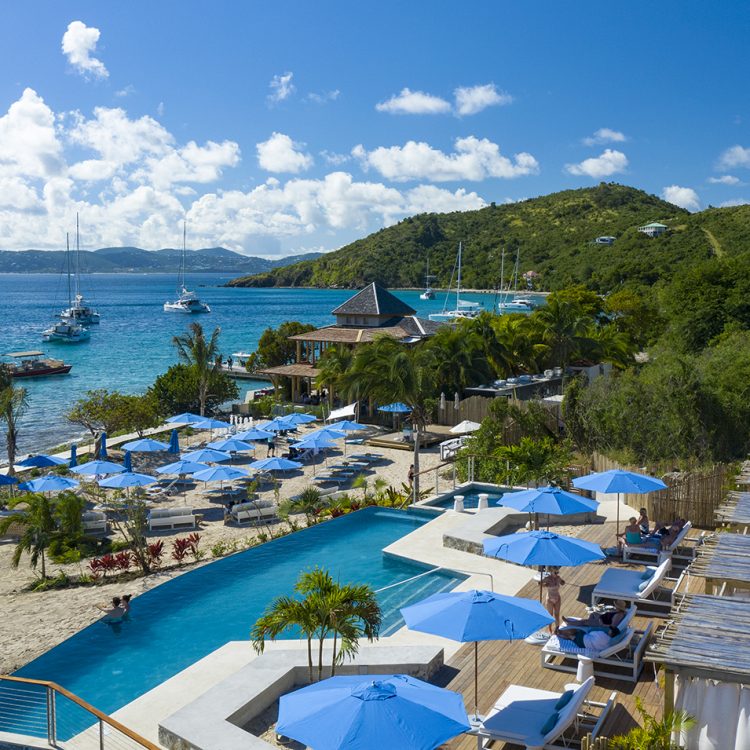 Aerial view of the beach and pool area at Lovango Resort and Beach Club in St. John, Virgin Islands