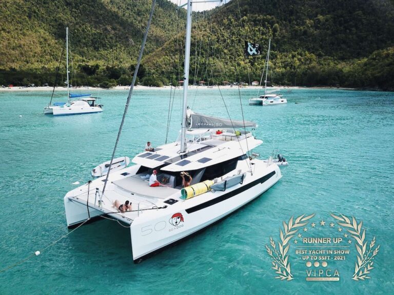 Sea Dog Catamaran of &Beyond Yacht Charters in the Virgin Islands with award for VIPCA Best Yacht Show of 2021