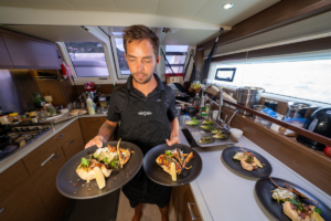 Gourmet dining onboard luxury yacht charter Mahasattva